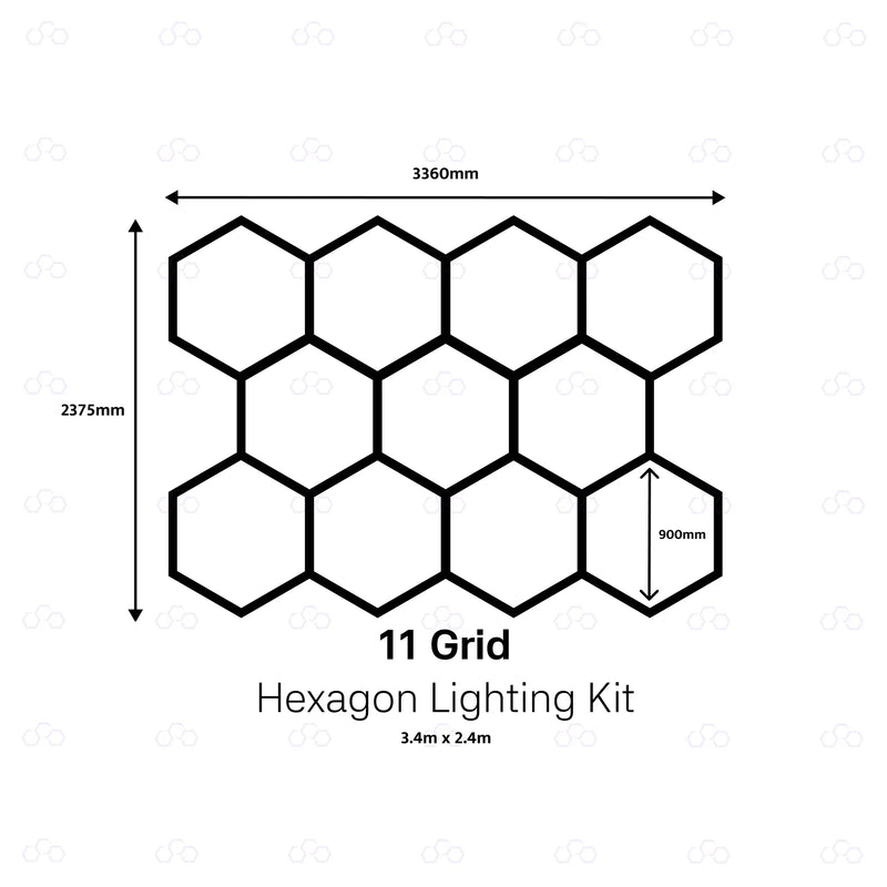 A black line drawing on a white background showing a grid of 11 hexagonal shapes with dimension labels: 3360mm across the top, 2375mm on the left, 900mm on the right, and '11 Grid Hexagon Lighting Kit' 