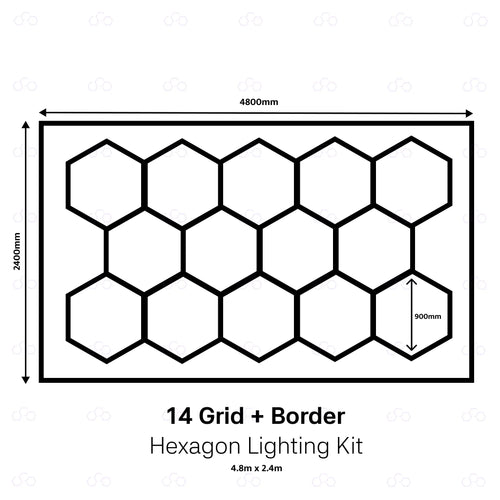 A black-and-white line drawing showing a rectangular grid of 14 hexagonal light housings with border lines and dimension labels: 4800 mm wide, 2400 mm tall, and one hexagon 900 mm. Text below reads '14 Grid + Border Hexagon Lighting Kit'