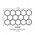 A black-and-white product diagram showing a grid of 14 hexagonal light panels, with dimension labels indicating 4115 mm width, 2375 mm height, and 900 mm panel height. Text below reads '14 Grid Hexagon Lighting Kit' 