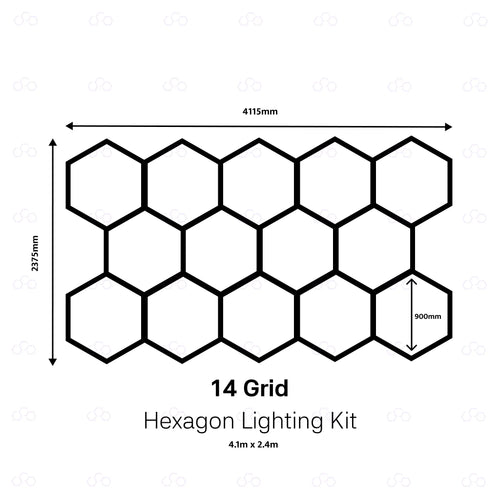 A black-and-white product diagram showing a grid of 14 hexagonal light panels, with dimension labels indicating 4115 mm width, 2375 mm height, and 900 mm panel height. Text below reads '14 Grid Hexagon Lighting Kit' 