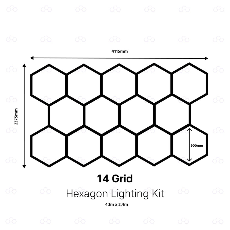 A black-and-white product diagram showing a grid of 14 hexagonal light panels, with dimension labels indicating 4115 mm width, 2375 mm height, and 900 mm panel height. Text below reads '14 Grid Hexagon Lighting Kit' 