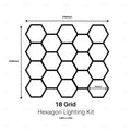 A black-and-white line drawing showing a grid of 18 hexagonal light units with dimension labels: 3760 mm width, 3360 mm height, and a 900 mm spacing. Text below reads '18 Grid Hexagon Lighting Kit' 