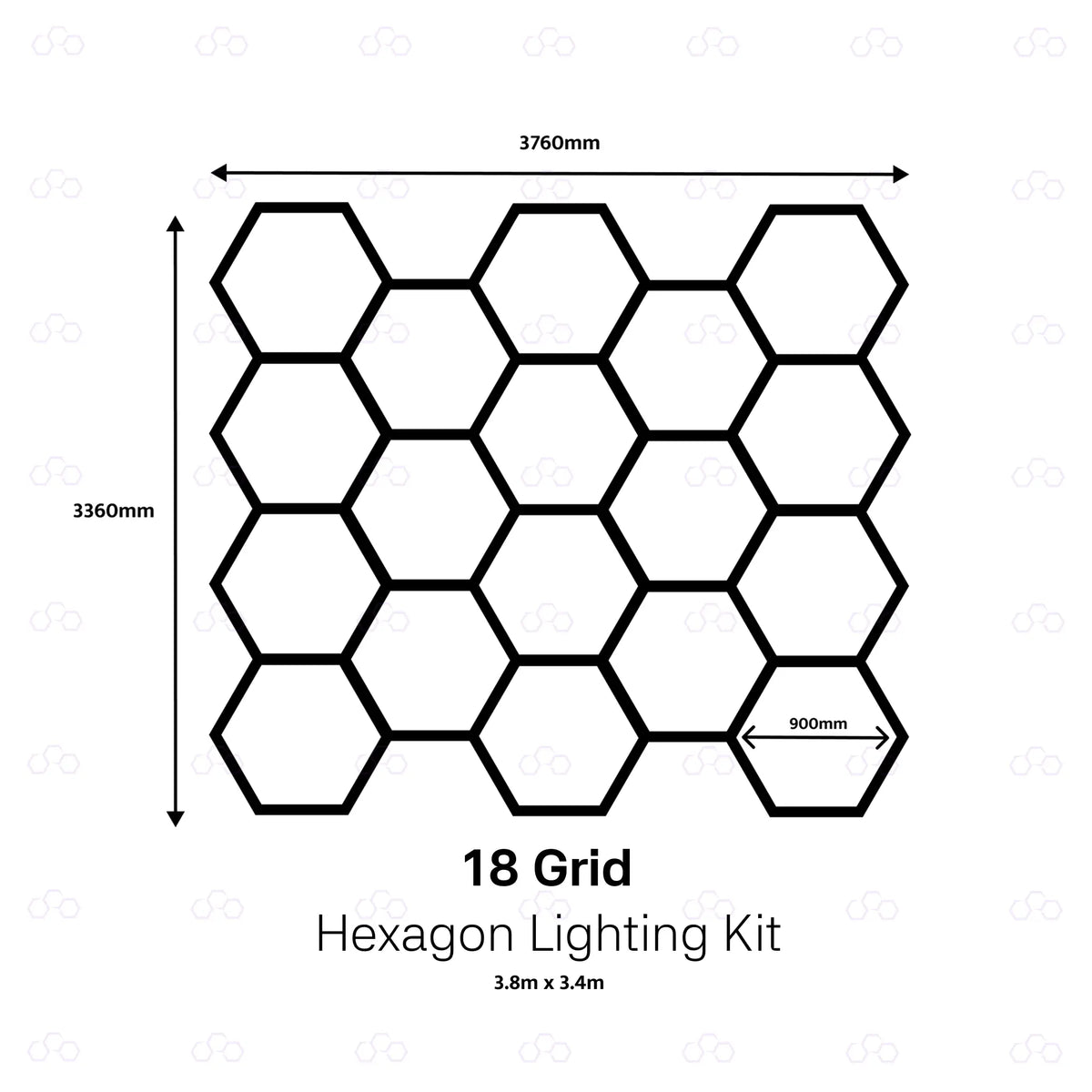 A black-and-white line drawing showing a grid of 18 hexagonal light units with dimension labels: 3760 mm width, 3360 mm height, and a 900 mm spacing. Text below reads '18 Grid Hexagon Lighting Kit' 