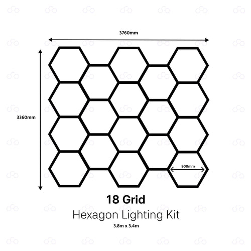 A black-and-white line drawing showing a grid of 18 hexagonal light units with dimension labels: 3760 mm width, 3360 mm height, and a 900 mm spacing. Text below reads '18 Grid Hexagon Lighting Kit' 