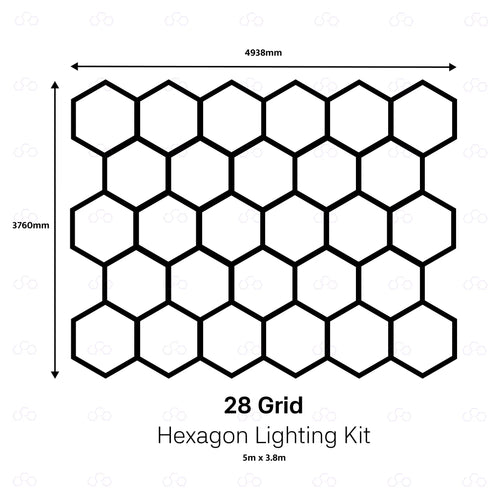 A black-and-white diagram showing a grid of 28 hexagonal light units with dimension labels: 4938mm wide and 3760mm tall, plus text reading '28 Grid Hexagon Lighting Kit' and '5m x 3.8m'.