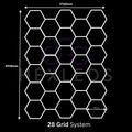 Hexagonal grid system with dimensions and branding on a black background