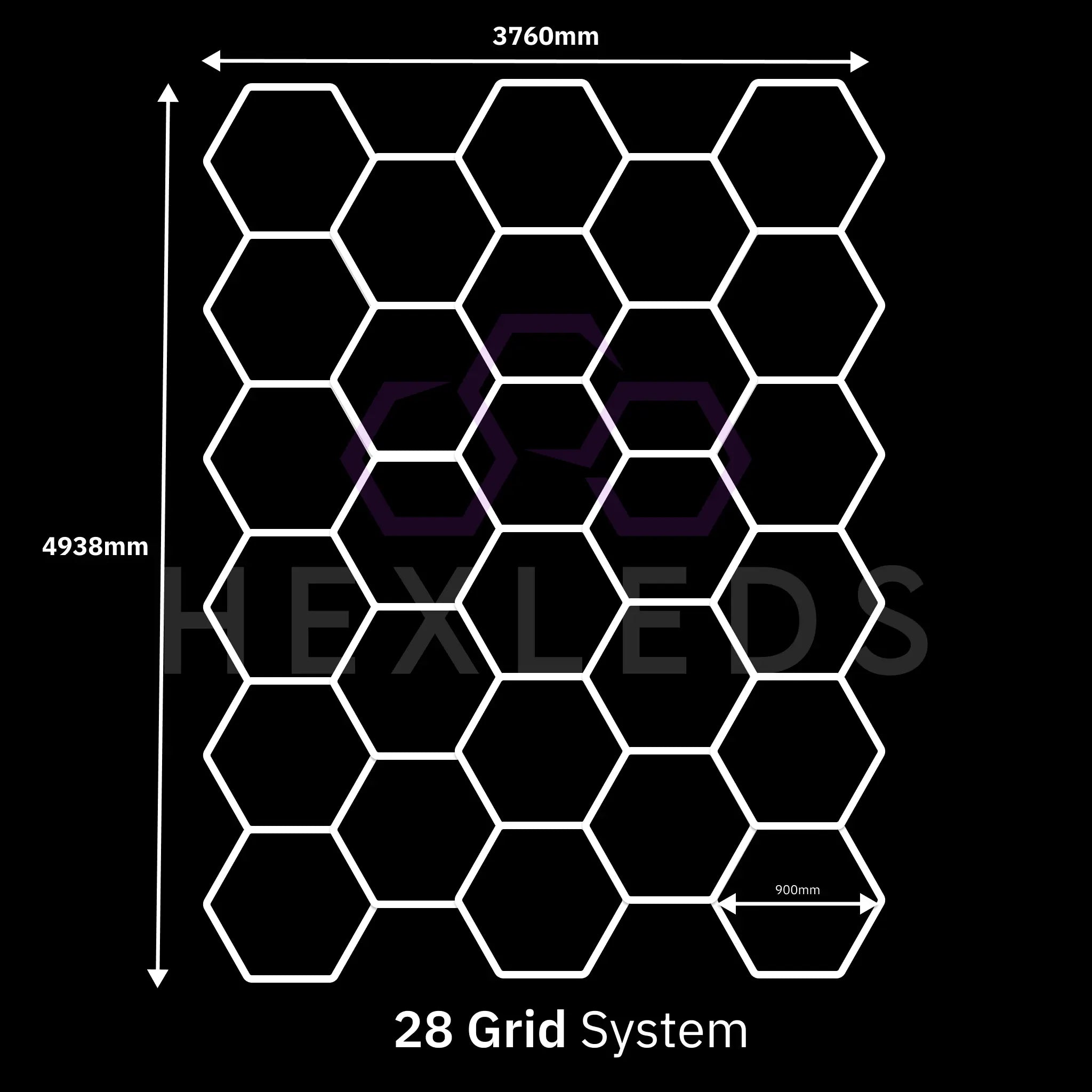 Hexagonal grid system with dimensions and branding on a black background
