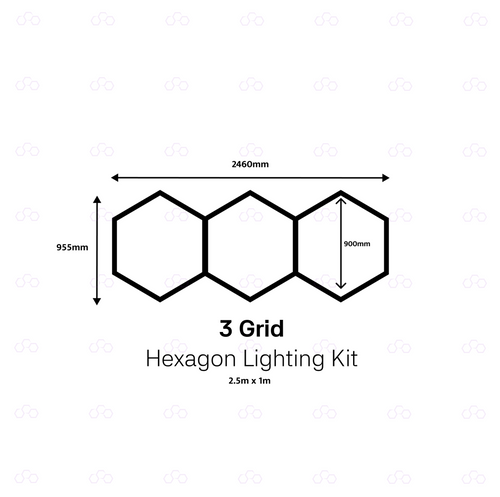 A dimension diagram for a 3 Grid Hexagon Lighting Kit, showing three connected hexagonal light panels with measurements of 955mm, 2460mm, and 600mm on a white background with faint watermark patterns.