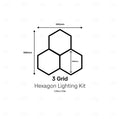A black line drawing on a white background showing a three-panel hexagon grid layout with dimension arrows and labels: 1695mm width, 1680mm height, and 900mm panel height. Text below reads '3 Grid Hexagon Lighting Kit' 