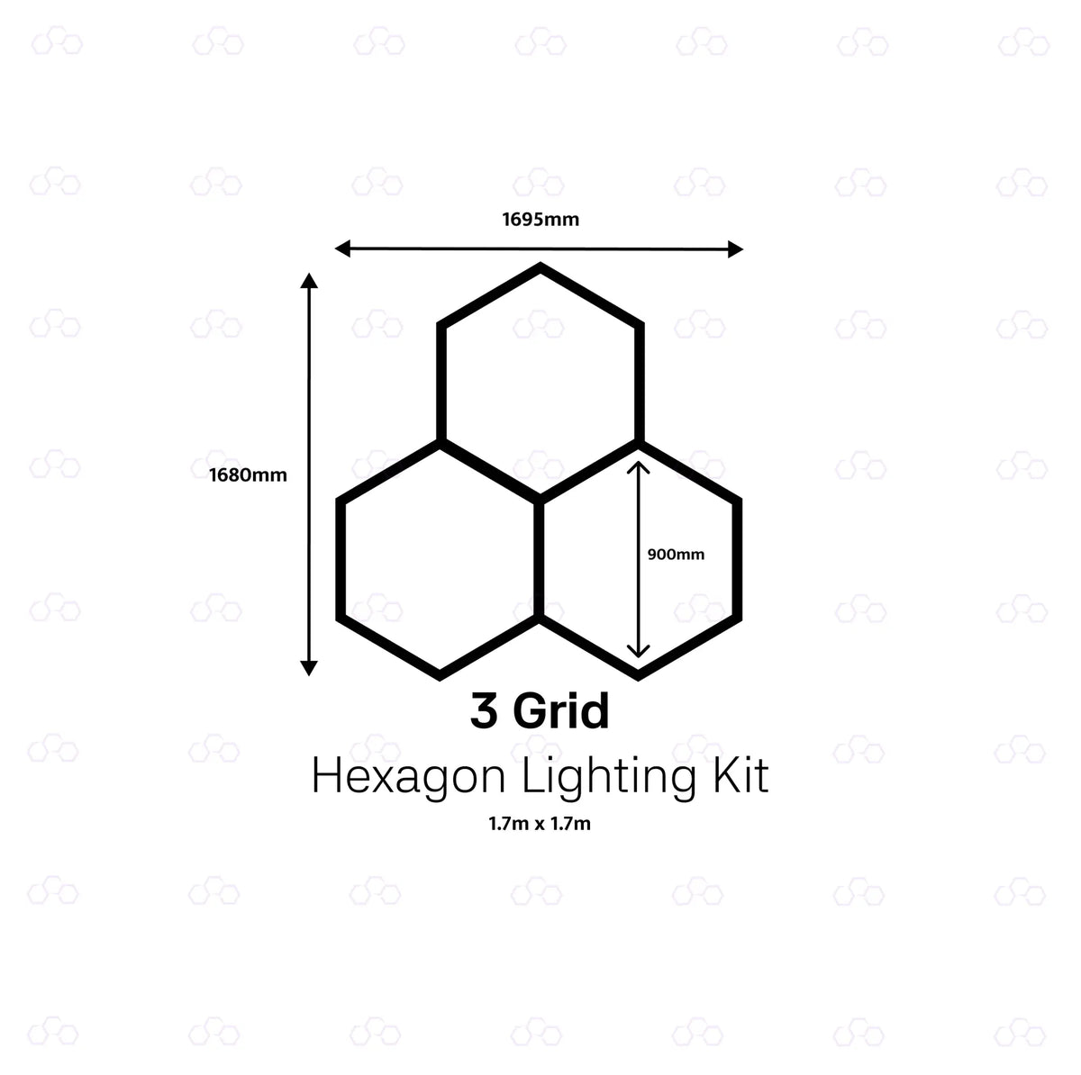 A black line drawing on a white background showing a three-panel hexagon grid layout with dimension arrows and labels: 1695mm width, 1680mm height, and 900mm panel height. Text below reads '3 Grid Hexagon Lighting Kit' 