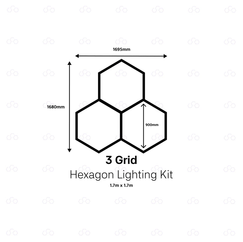 A black line drawing on a white background showing a three-panel hexagon grid layout with dimension arrows and labels: 1695mm width, 1680mm height, and 900mm panel height. Text below reads '3 Grid Hexagon Lighting Kit' 