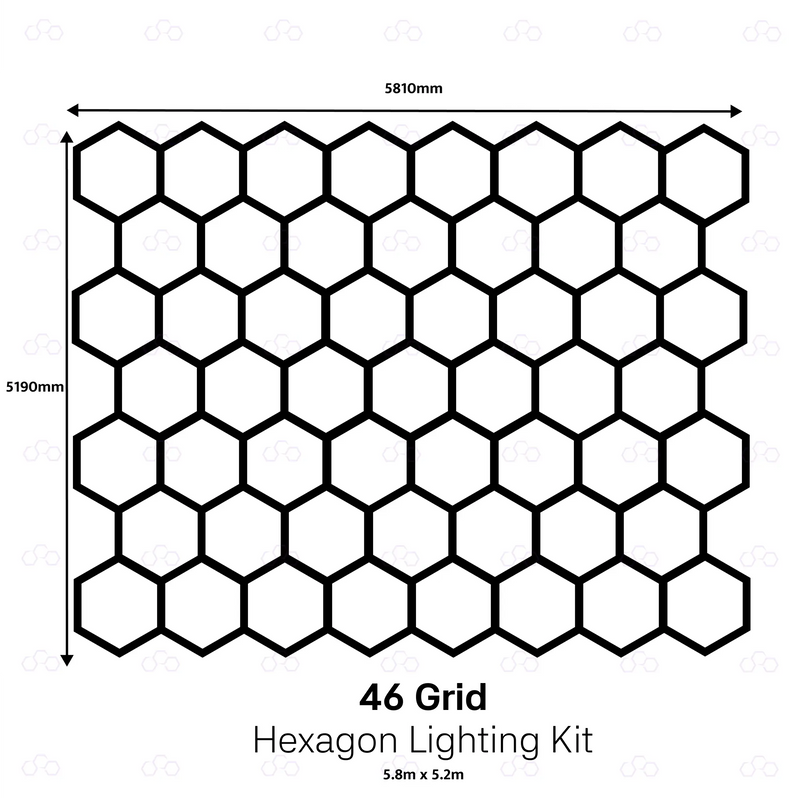 A black-and-white schematic showing a hexagonal grid layout with dimension arrows and labels reading 5810mm by 5190mm, plus text below that says '46 Grid Hexagon Lighting Kit' and '5.8m x 5.