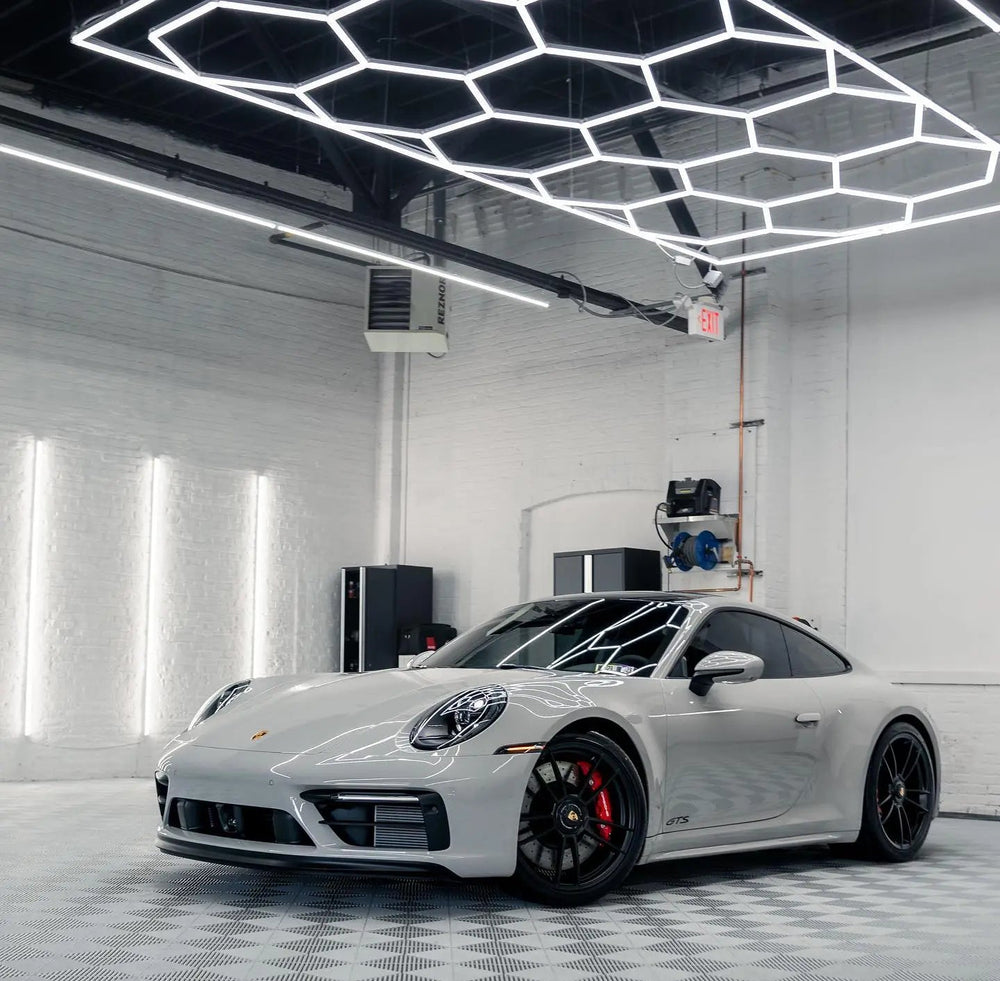 White Garage Hexagon Lighting and Wall Lights. Detailers Garage 