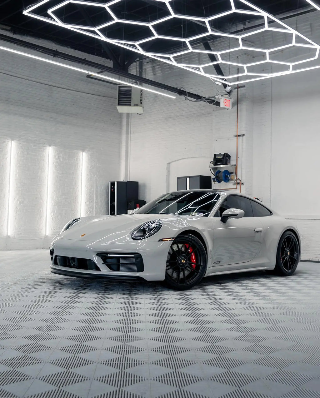 White Garage Hexagon Lighting and Wall Lights. Detailers Garage 