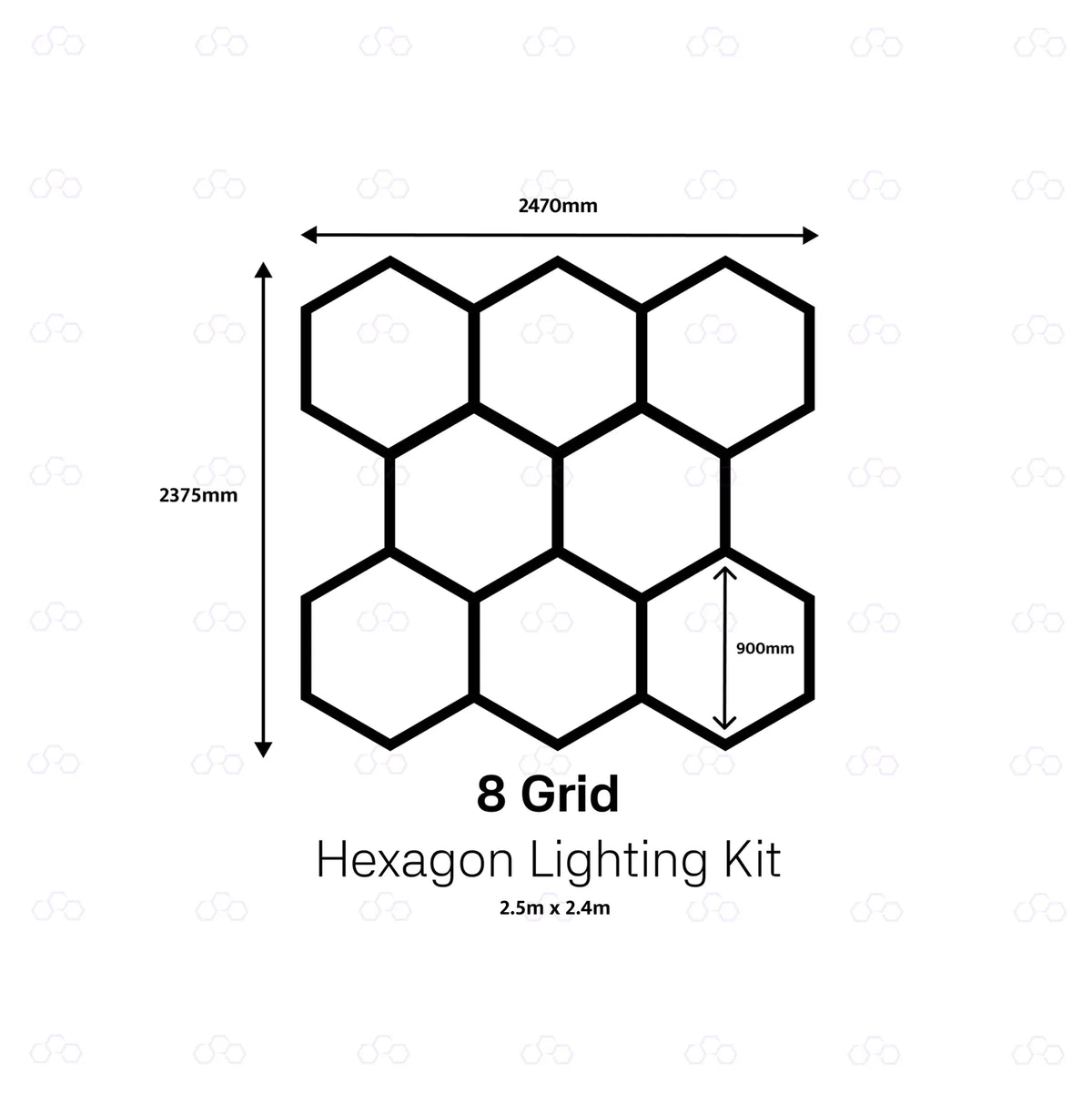 A black line drawing on a white background showing an 8-grid hexagon lighting kit layout with dimensions labeled 2470mm, 2375mm, and 900mm, plus text reading '8 Grid Hexagon Lighting Kit'
