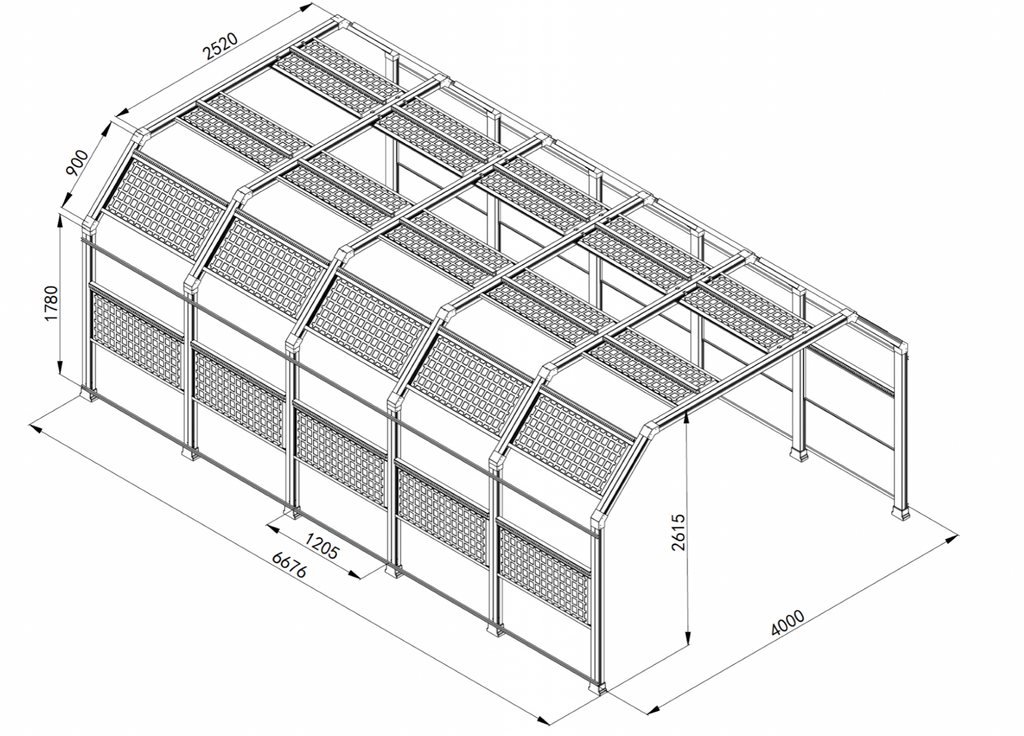 Technical line drawing of a tunnel lighting canopy or shelter frame with mesh panels, showing dimension annotations around the structure on a white background.