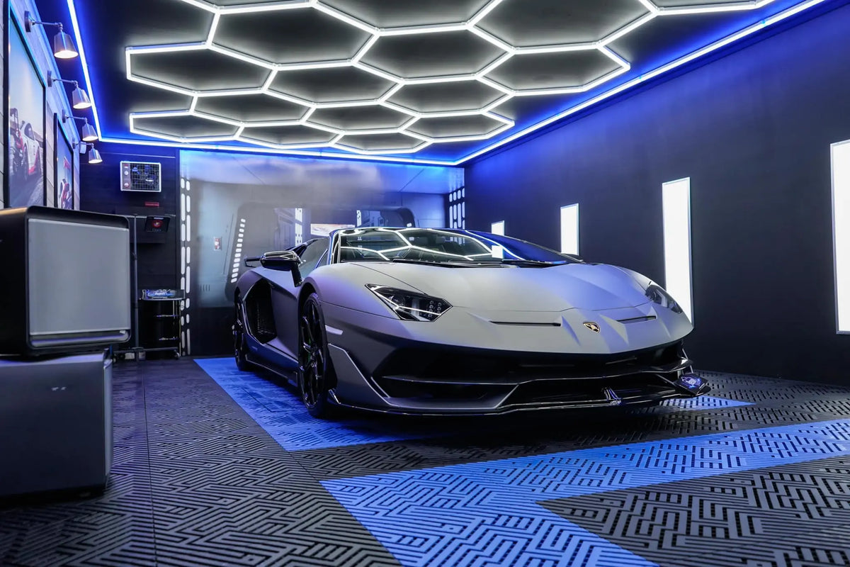 Garage Floor Tiles with Hexagon Lighting and RGB border. Wall Panel Lights