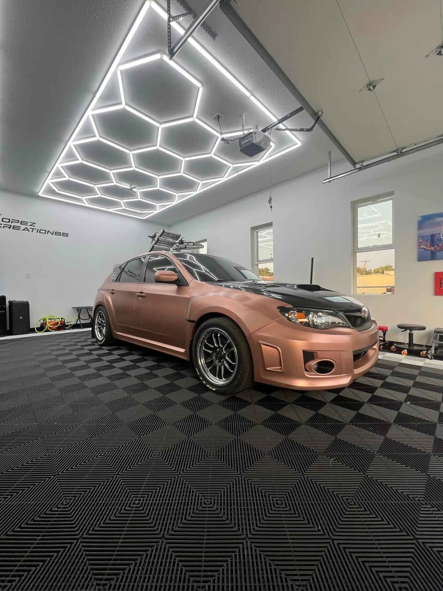 Car wrapping garage with Hexagon Lights
