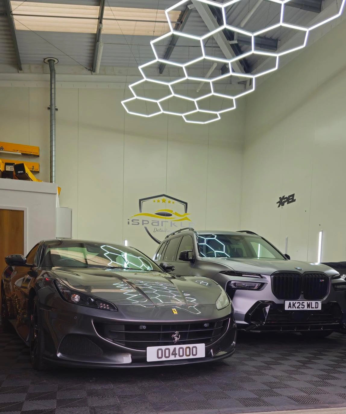 hex lights hung down on a detailing workshop