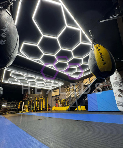 Indoor sports facility with boxing bags and hexagonal ceiling lights.