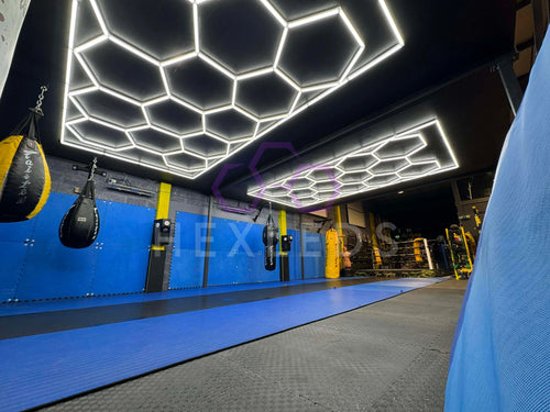 Indoor sports facility with blue mats, punching bags, and geometric ceiling lights.